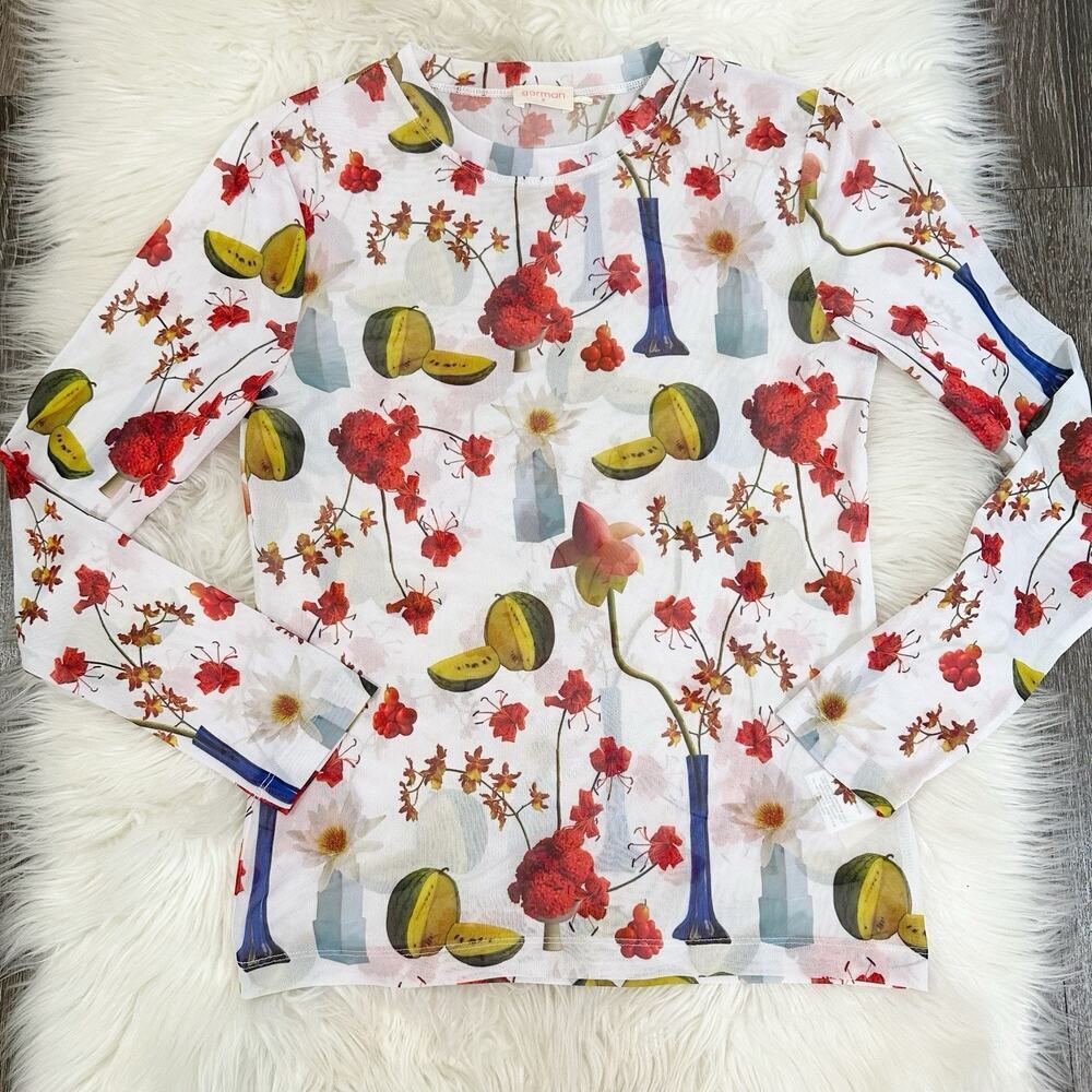 Gorman‎ x Hattie Molloy Womens Long Sleeve Mesh Top Size 8 Fruit Art to Wear